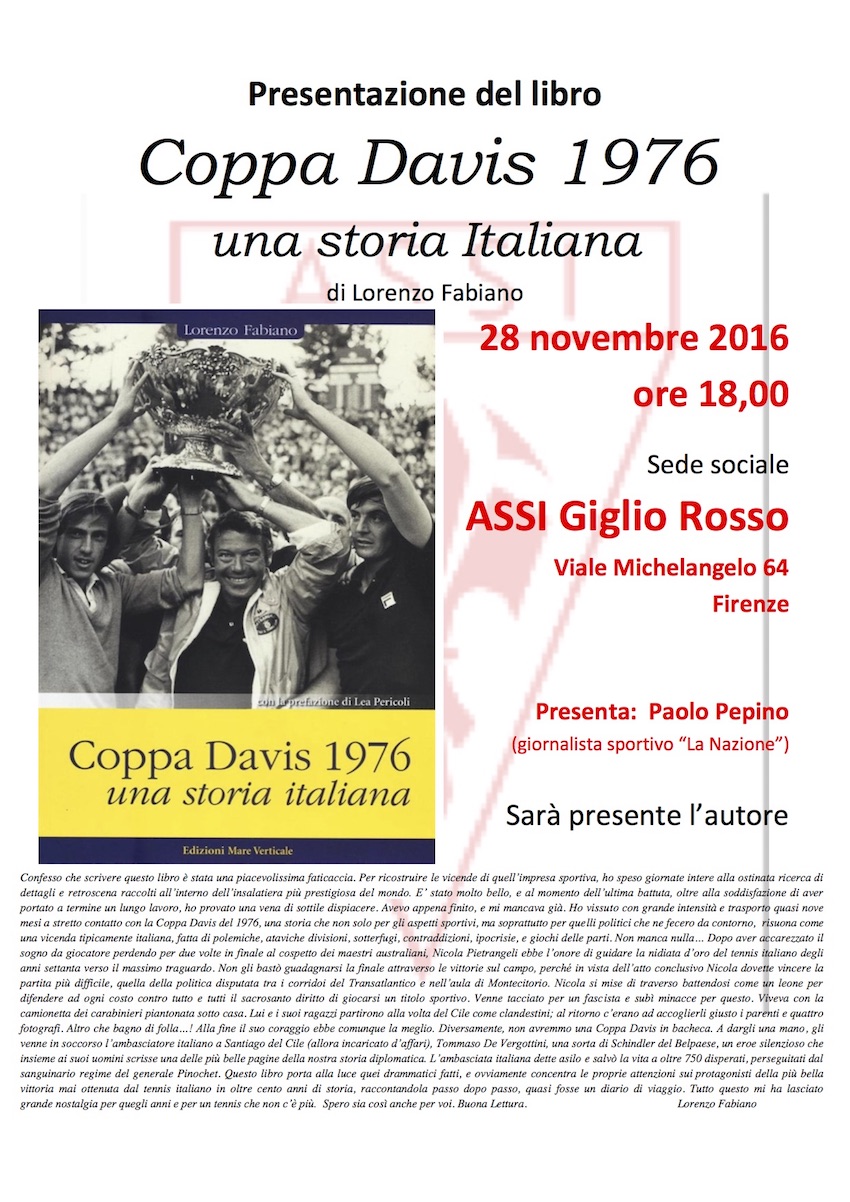 Lorenzo Fabiano presenta il libro Coppa Davis 1976 a Firenze Assi Giglio Rosso